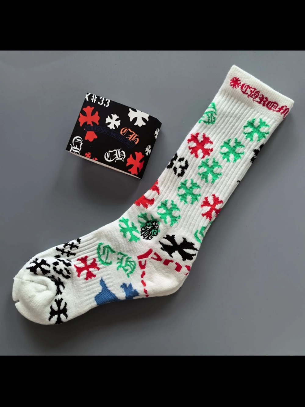 Chrome Hearts White Crew Socks with Red, Green, Black & Blue Accents